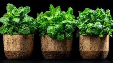 Naklejka premium Fresh green herbs including mint and basil growing in small wooden pots lined up against a black background.