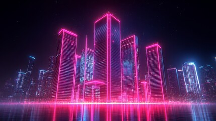 Naklejka premium Futuristic digital cityscape glowing with vibrant neon lights and a captivating reflection perfect for sci-fi or technology themes