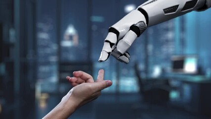 A futuristic scene depicting a robot hand reaching out toward a human hand, symbolizing communication and support in a modern digital workspace, highlighting contact options. Auvana