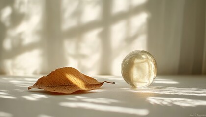 Light and shadow play a glass orb on a leaf in nature's serenity