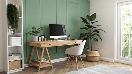 Modern minimalist home office setup with potted plant natural vibes.