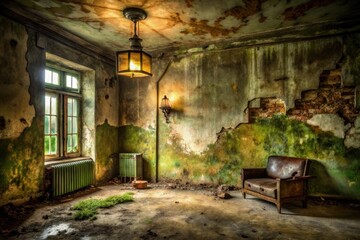 A Forgotten Room  Decaying Walls, Glowing Light Fixtures, and a Solitary, Aged Sofa in a Derelict Interior