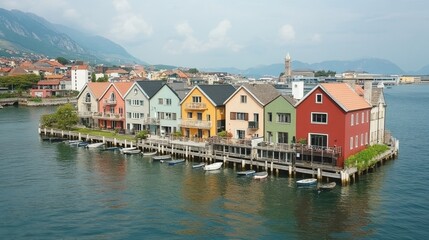 Picturesque Waterfront Homes Charming Coastal Village Scenery Unique Architecture Vibrant Colors Travel Destination European Landscape Appeal