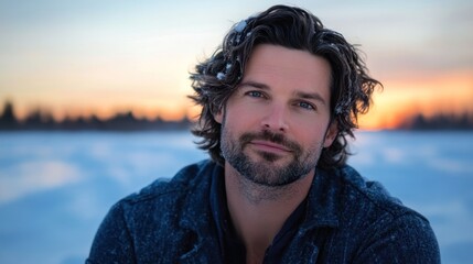 Serene winter portrait of a confident man against a pastel sunset