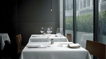 Empty Restaurant Table Setting with White Tablecloth Glassware and Chairs