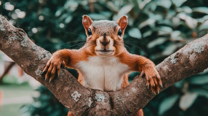 A curious red squirrel with a white chest and paws, looking directly at the camera.