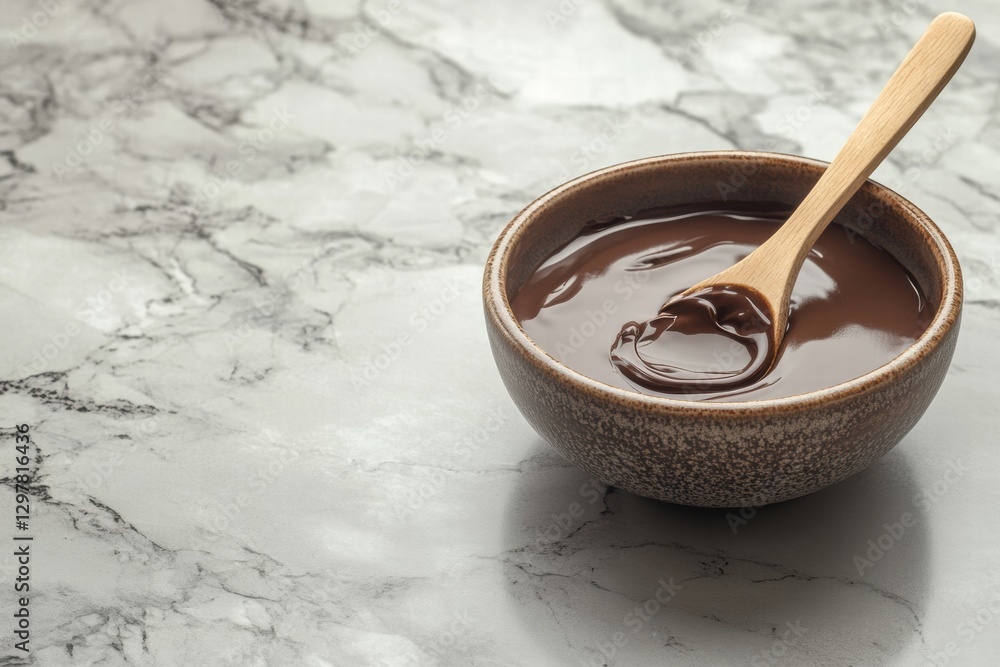 Poster rich chocolate sauce in a bowl with a wooden spoon on a marble countertop during daylight. generativ