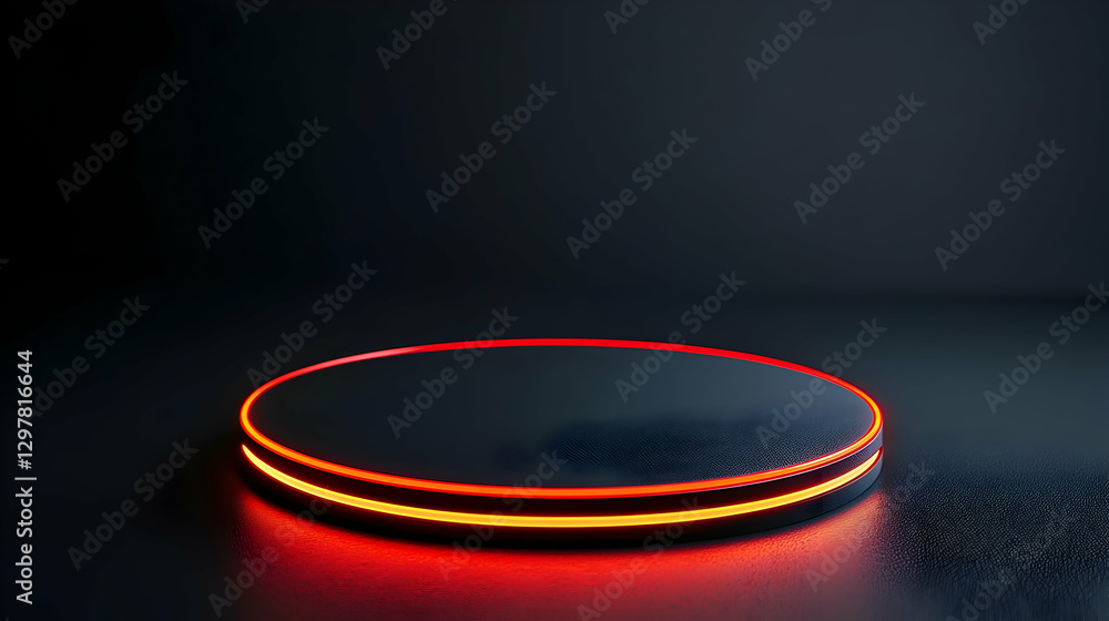 Poster futuristic black circular platform with red glowing edges against dark background showing technology