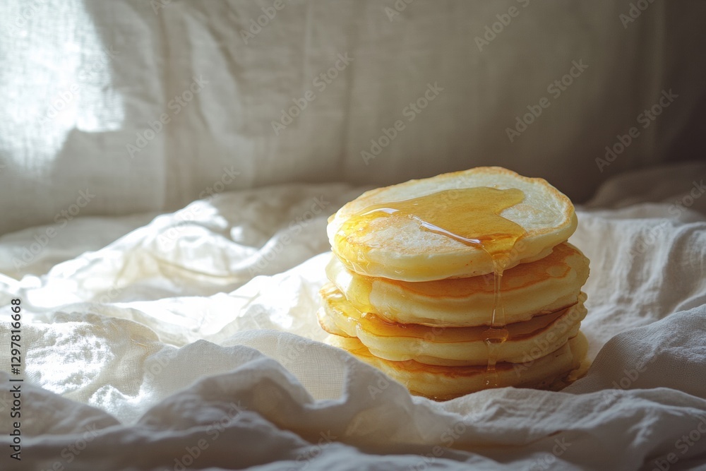 Poster delicious stack of fluffy pancakes with golden syrup on a soft linen backdrop during morning light. 