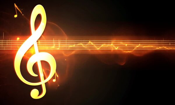 Golden treble clef floating with notes and fiery lines against a dark gradient background