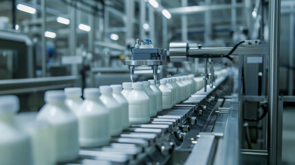 A high-tech automated production line for filling milk bottles