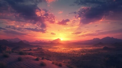 Ethereal desert vista bathed in golden light at breathtaking twilight