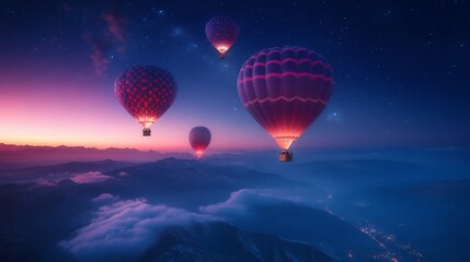 Obraz premium Whimsical hot air balloons floating above a dreamlike landscape at twilight with vibrant skies and distant city lights background