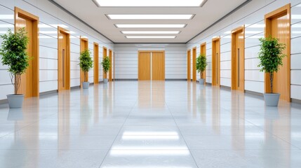 Fototapeta premium Modern office hallway with doors and plants