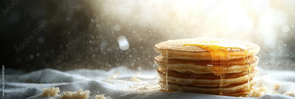 Poster stack of fluffy pancakes drizzled with syrup on a soft white cloth in a warm, inviting kitchen setti