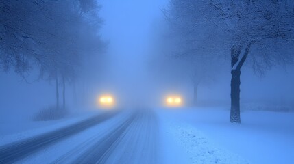 The sight from a car's windshield reveals a foggy road with poor visibility, where the faint glow of oncoming headlights pierces the mist