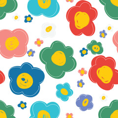 Colorful cute floral seamless pattern. Naive art style, children illustration. Doodle flowers background. Textile print wallpaper or wrapping paper design
