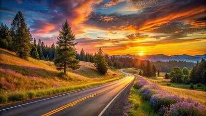Obraz premium Scenic winding road journey through vibrant wildflowers at sunset, majestic mountains in the background, offering breathtaking panoramic views