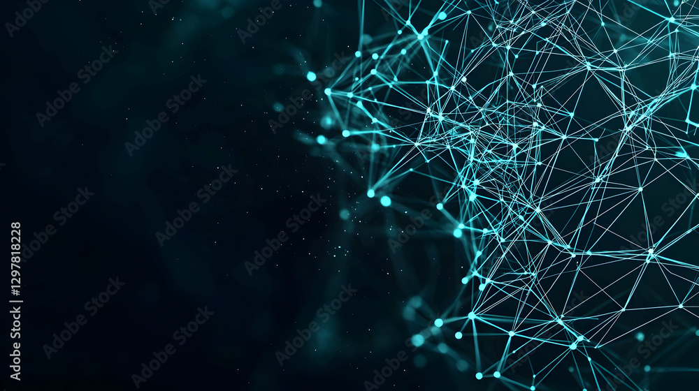 Poster abstract digital network structure with glowing blue dots and lines on dark background