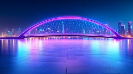 Obraz premium A dazzling, high-quality nighttime photograph of an upscale futuristic mall with glass reflections, featuring the neon-lit city skyline