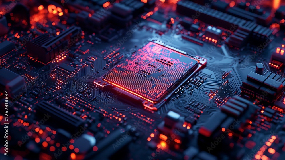 Poster abstract red glowing circuit board technology background digital art modern futuristic high tech ele