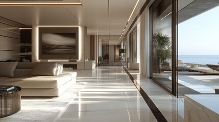 With its minimalist entrance hall, soft lighting, neutral walls, and modern decor, the space exudes elegant simplicity and a welcoming ambiance