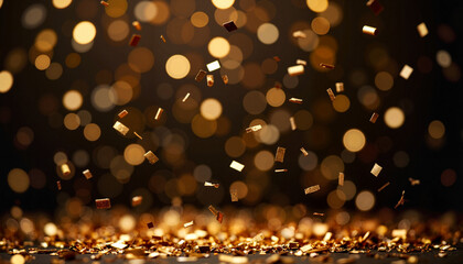 Golden confetti floating in warm lighting against dark background, celebration