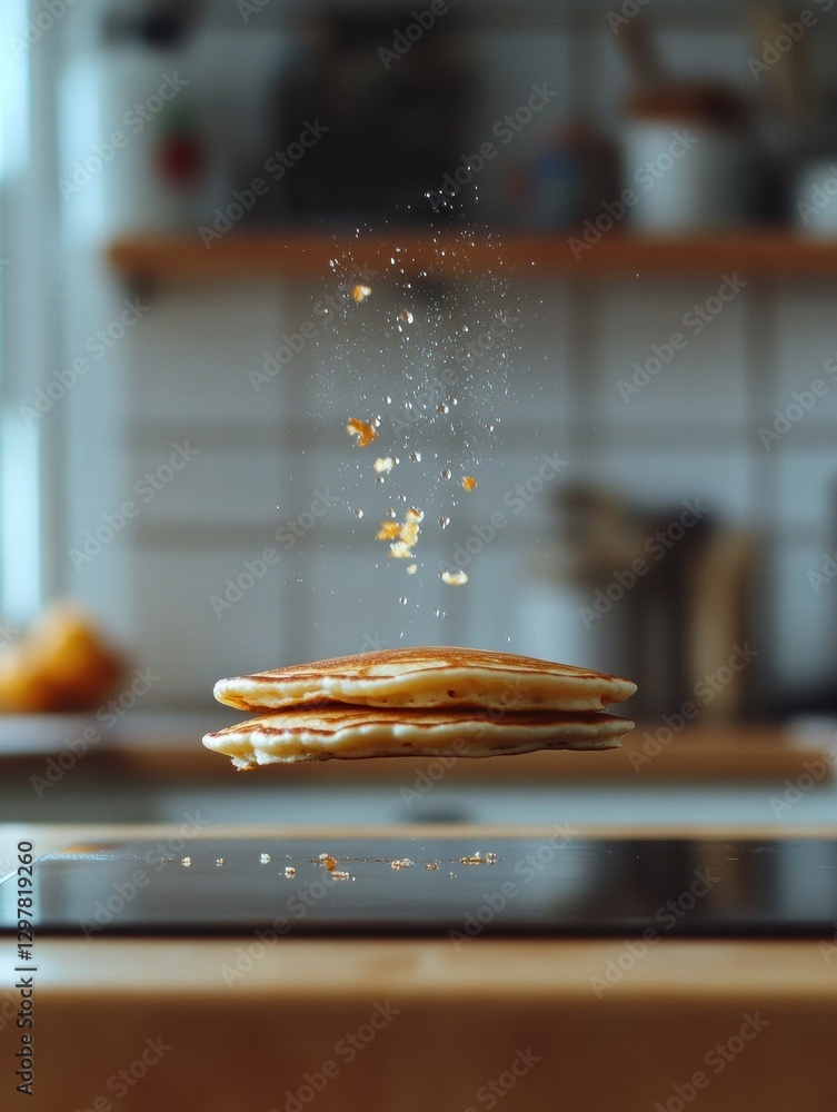 Aufkleber pancakes floating above a kitchen counter with powdered sugar sprinkled on top in a cozy cooking spa
