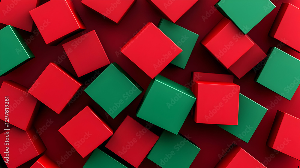 Poster overhead view of red and green cubes scattered on a red surface with strong shadows
