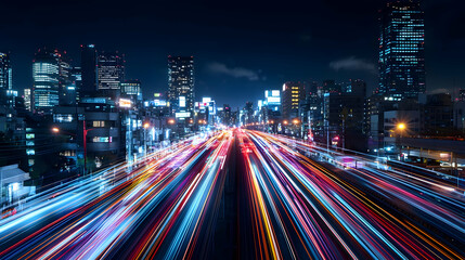 Fototapeta premium Night Cityscape With Motion Blurred Car Lights Streaking Across Highway Against Illuminated Buildings
