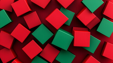 Overhead View of Red and Green Cubes Scattered on a Red Surface with Strong Shadows