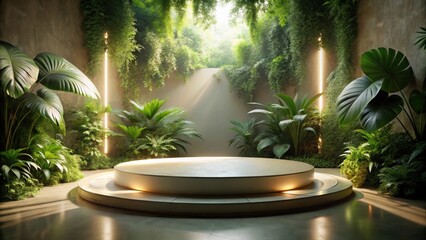 Serene Oasis A Circular Platform Nestled Within Lush Tropical Foliage, Bathed in Soft Sunlight and Illuminated by Subtle Vertical Lights