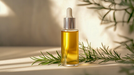Elegant and premium Rosemary Hair Oil bottle, placed on a soft, natural backdrop