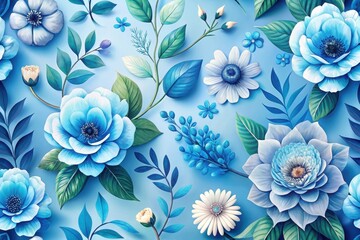Serene Blue Floral Arrangement A Delicate Symphony of Paper Flowers and Lush Greenery on a Light Blue Background