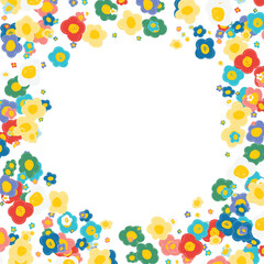 Colorful cute floral frame. Naive art, hand drawn children illustration. Doodle flowers border. Good for greeting cards or invitations