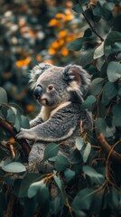 Fototapeta premium Koala Resting on a Branch Surrounded by Lush Green Leaves and Vibrant Yellow Flowers in the Afternoon Light