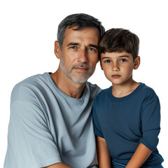 Obraz premium Father with his son, both wearing blue t-shirts and posing for the camera on isolated transparent background.