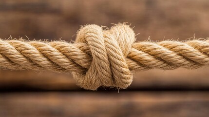 Fototapeta premium Two robust jute ropes are firmly twisted together into a strong knot, with the natural fibers exhibiting detailed texture