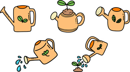 Watering can in the garden, Cartoon style watering can, Garden tools, Growth concept, Better development, Environmental concept, Save the world,  Isolated vector illustration.