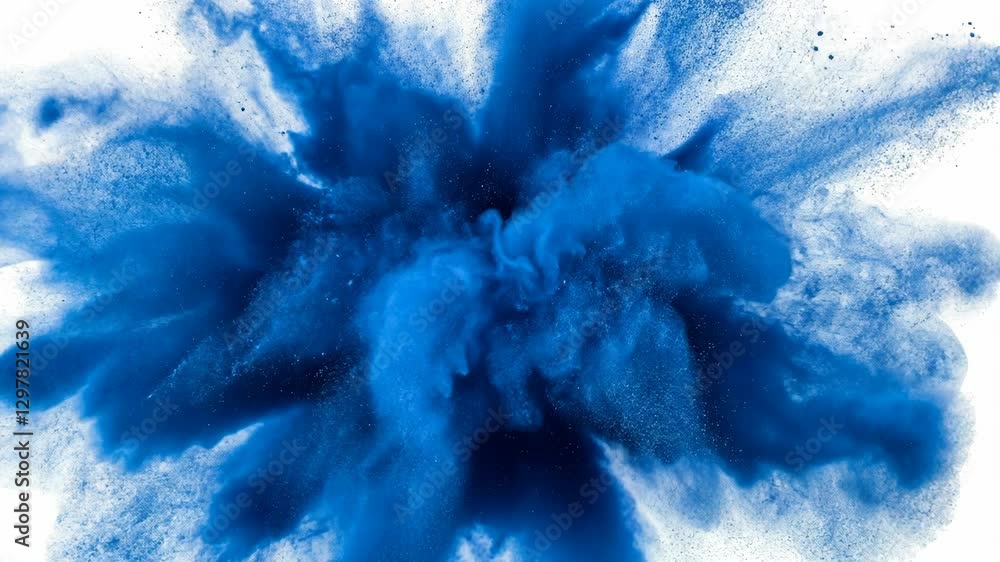 Poster vibrant blue powder explosion creating a dynamic visual display in a bright environment
