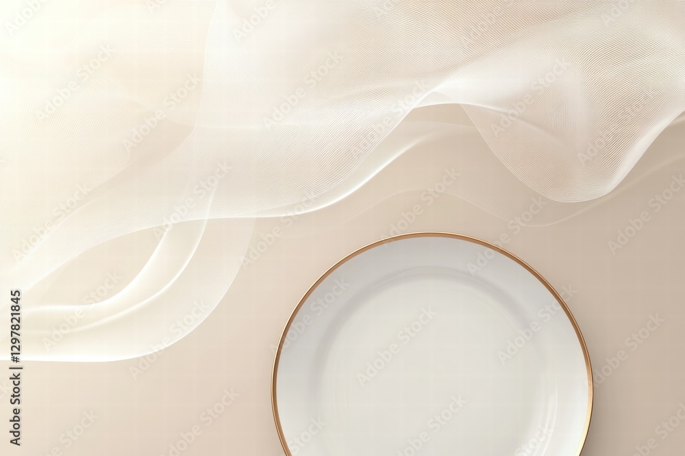 Poster delicate textures and elegant setting with a simple white plate and soft fabric in gentle light. gen