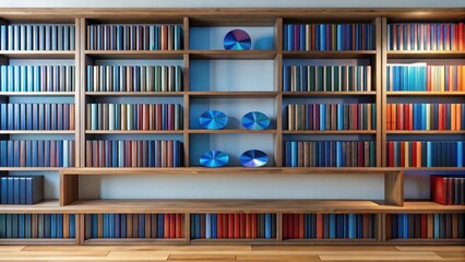 A well-organized wooden bookcase filled with numerous colorful books and decorative round objects on a shelf
