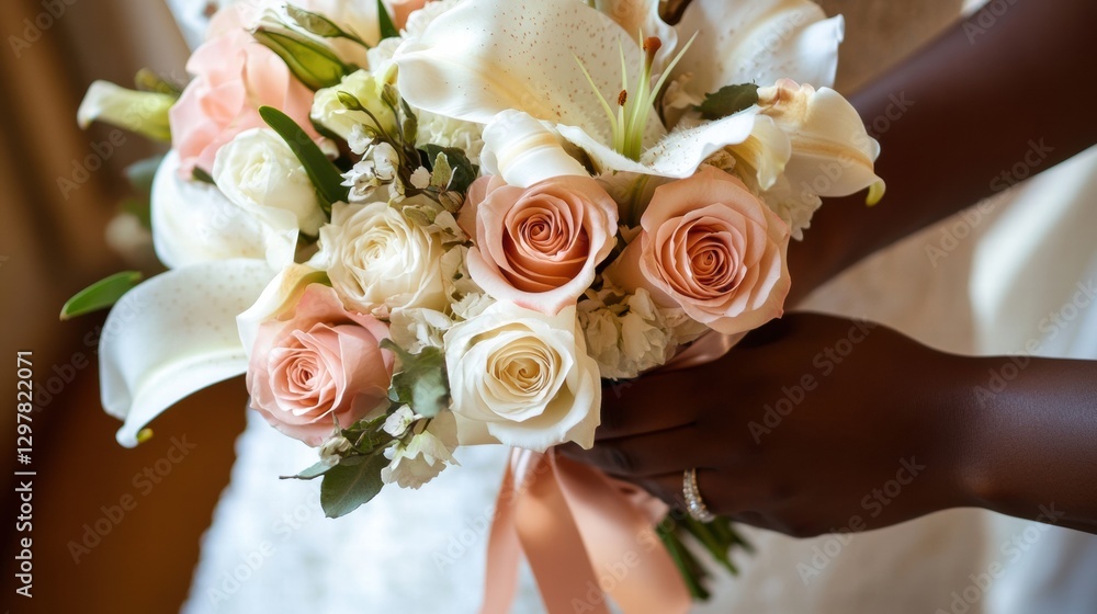 Poster elegant bridal bouquet featuring soft roses and lilies held by a bride in a beautiful setting during