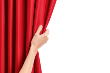 Female hand pulling aside a red curtain, isolated on a white background