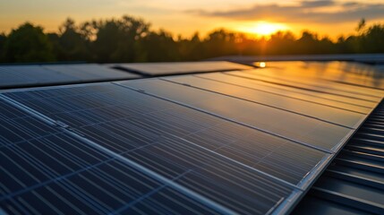 Rooftop solar panels gleam under the golden hues of a setting sun