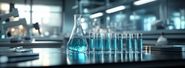 A retro-style chemistry lab equipped with glassware, beakers, and classic laboratory tools