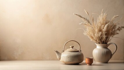 Serene Still Life Featuring Earthenware Teapot, Small Cup, and Dried Pampas Grass in Elegant Vessel on Light Wooden Surface Against a Neutral Background