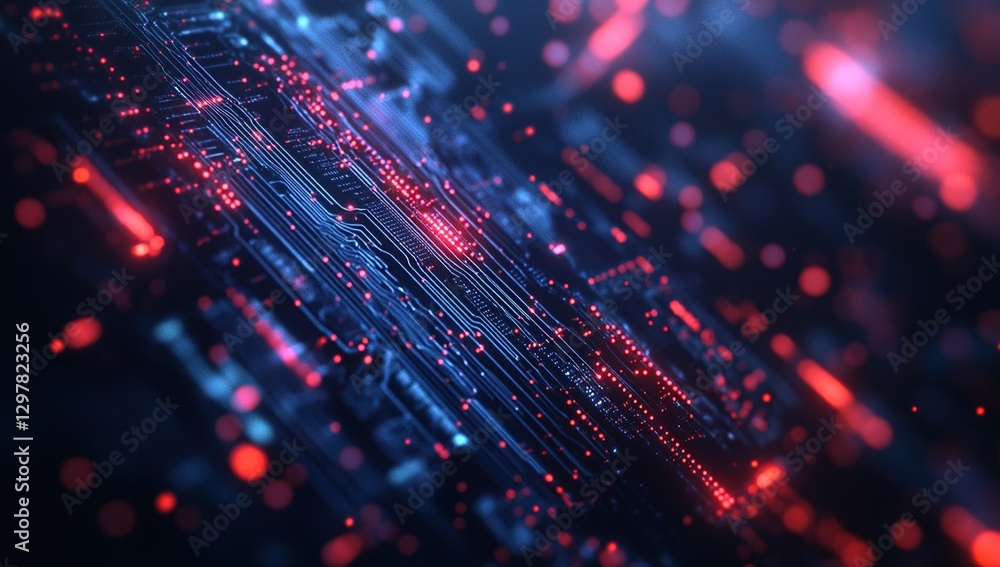 Poster abstract digital data network: glowing red and blue lines and points on dark background
