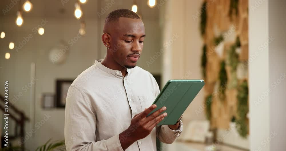 Poster office, black man and reading with tablet for web designer, software update or scroll for informatio