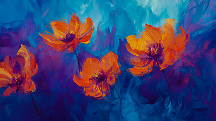 Vivid impasto oil painting featuring abstract flowers in bold orange and rich purple tones